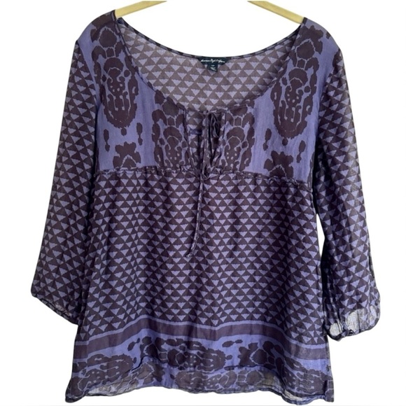 New American Eagle Boho Peasant Summer Top 3/4 Sleeve Purple Blouse Size S/P - Picture 1 of 3